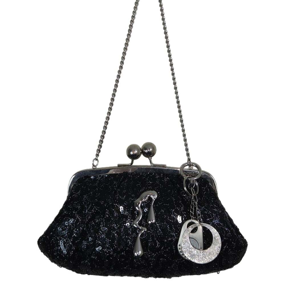 Kate Landry Black Sequin Kiss Lock Evening Clutch Handbag w/ Brooch and Charms